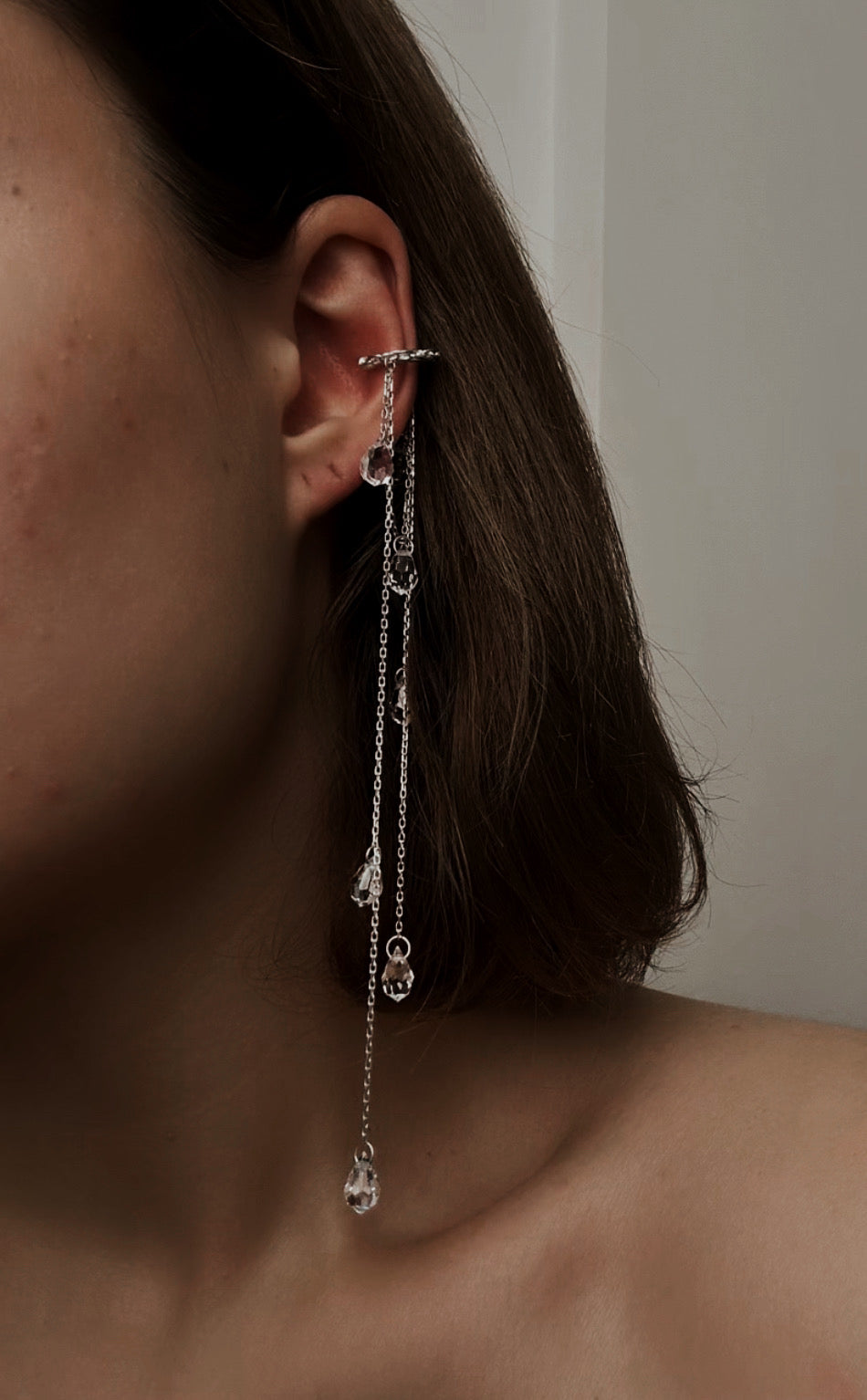 Crystal drops long cuff silver ear cuff 14K gold ear cuff