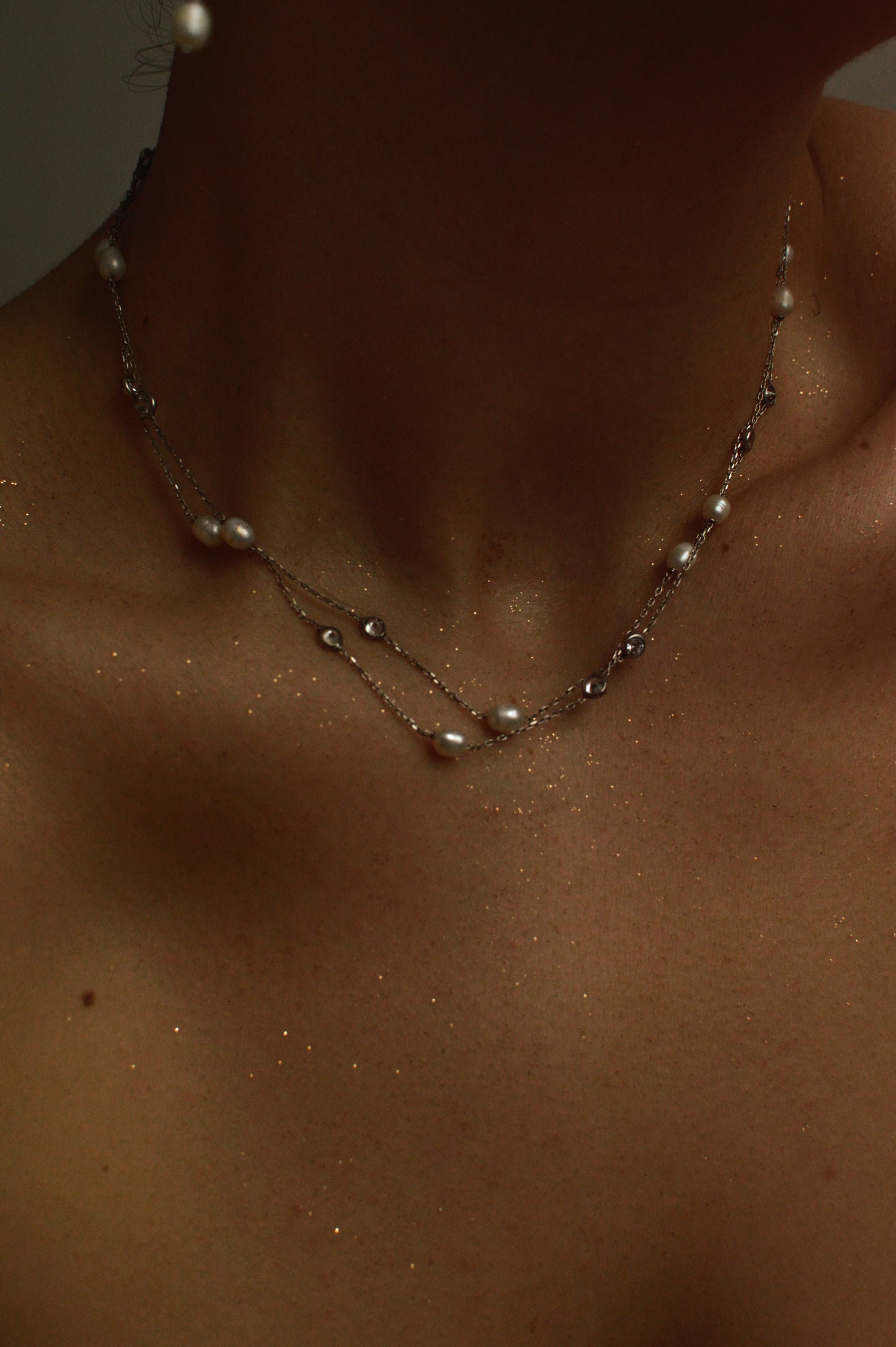 Pearl long silver necklace with stones ( body-chain )