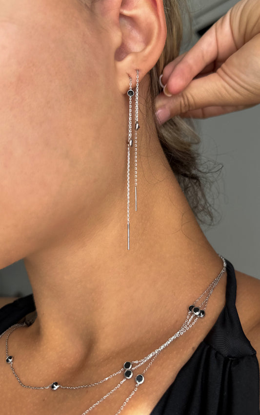 Black round stone double silver earrings - Èthèora