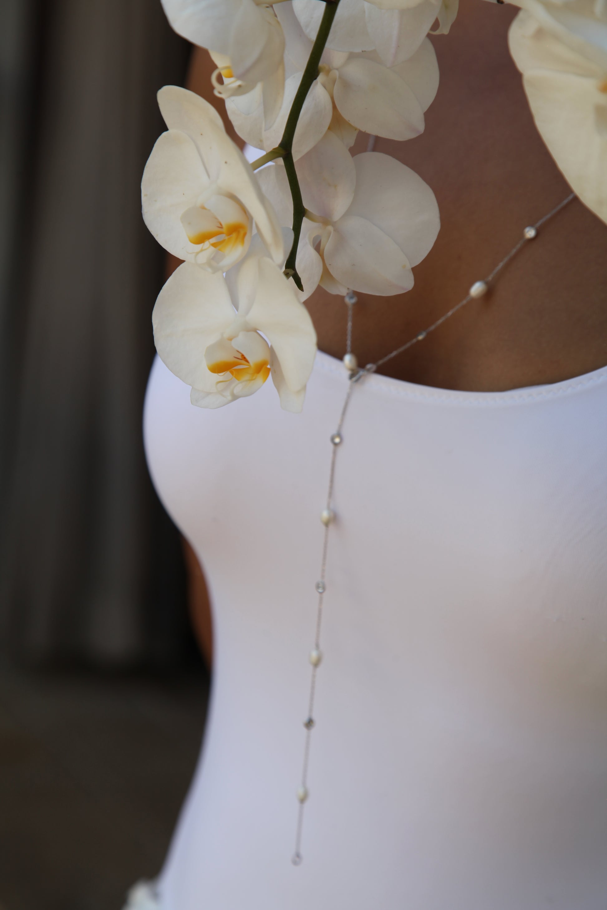 Pearl long silver necklace with stones ( body-chain ) - Èthèora