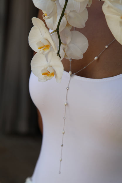 Pearl long silver necklace with stones ( body-chain ) - Èthèora