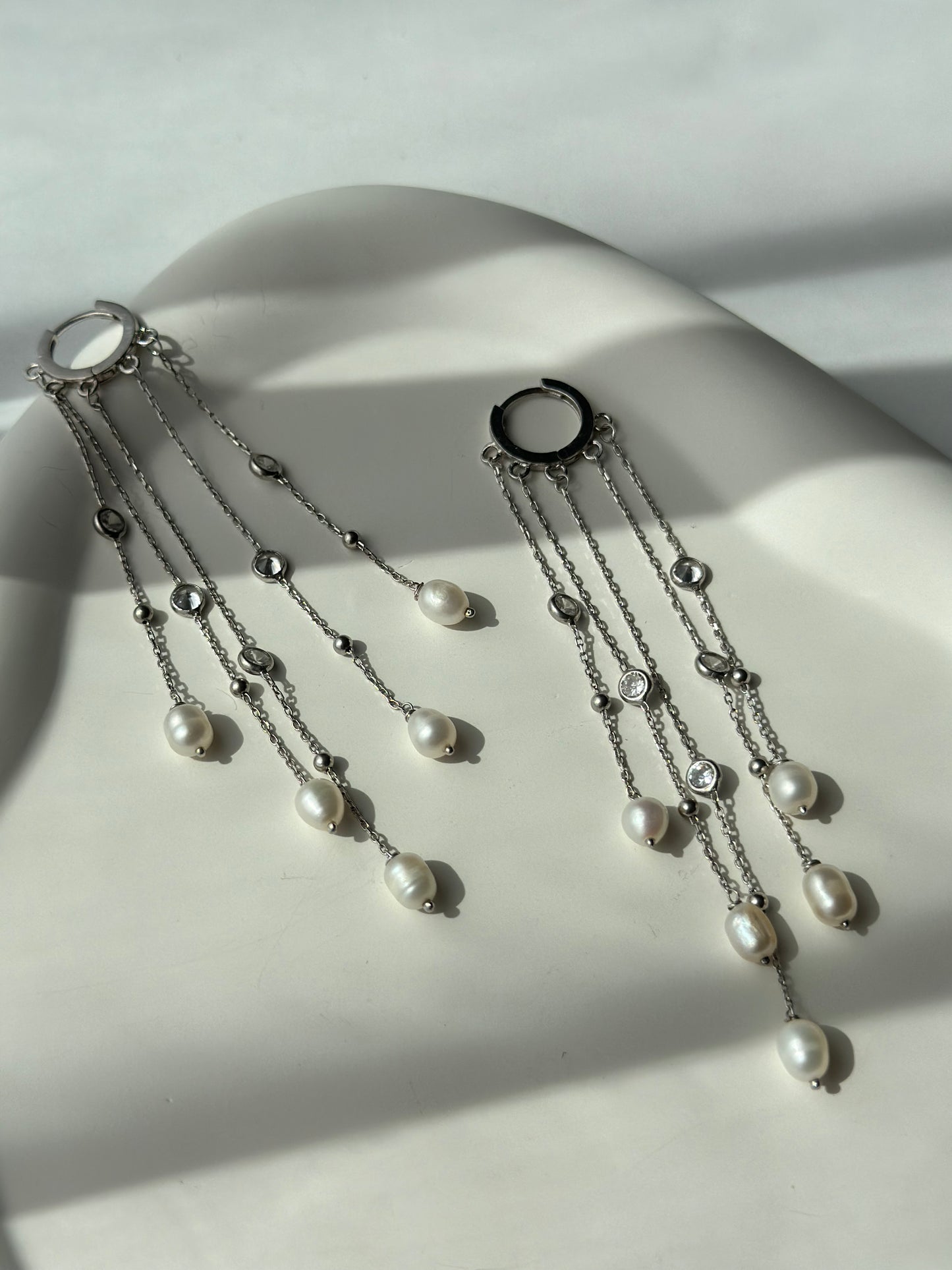 Pearl & stone chain hoop silver earrings - Èthèora