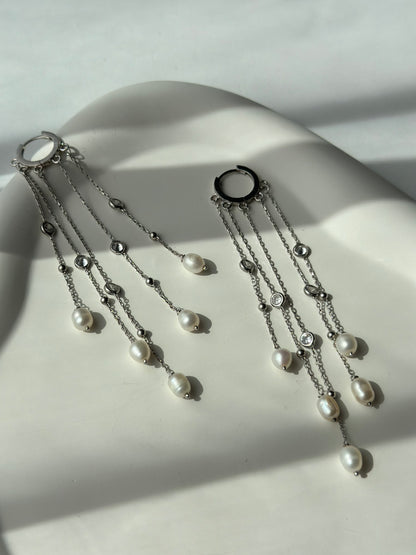 Pearl & stone chain hoop silver earrings - Èthèora