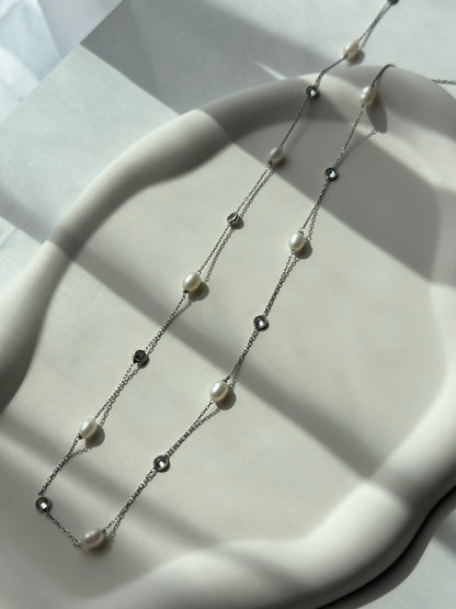 Pearl long silver necklace with stones ( body-chain ) - Èthèora