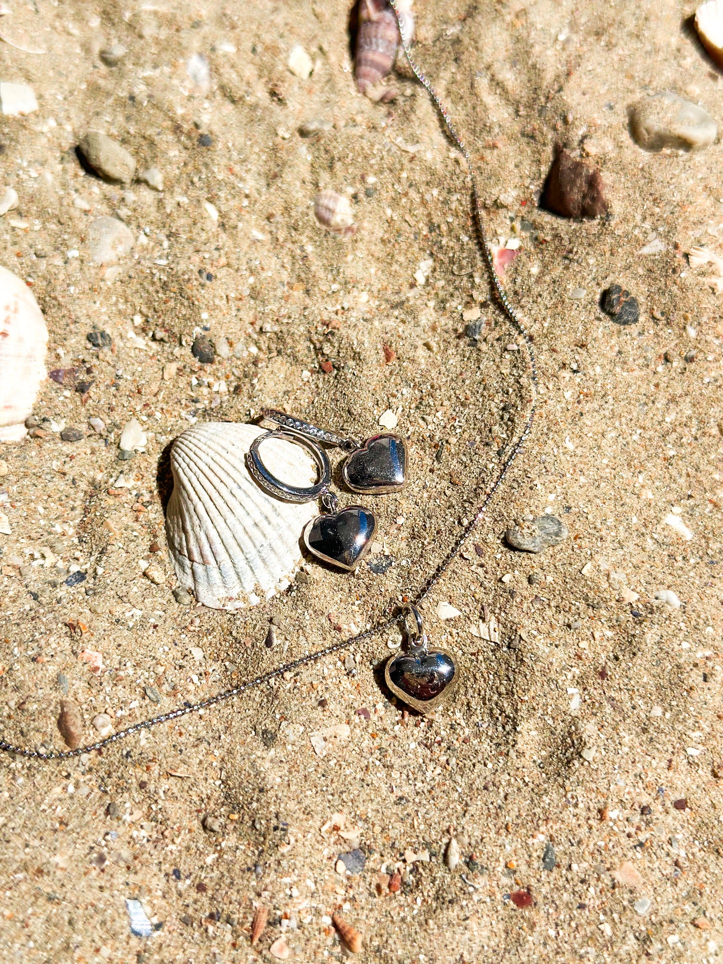 Convex heart (Love charm) silver earrings and necklace set - Èthèora