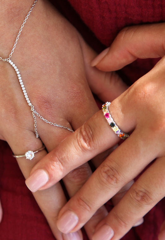 Shahmaran silver bracelet with line stones and double wrist chain - Èthèora