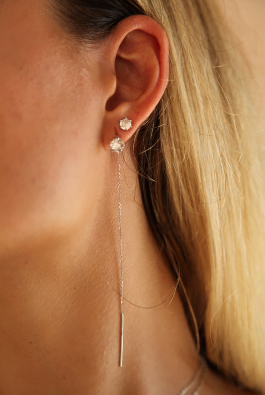 Crystal round silver threader earrings with long chain - Èthèora