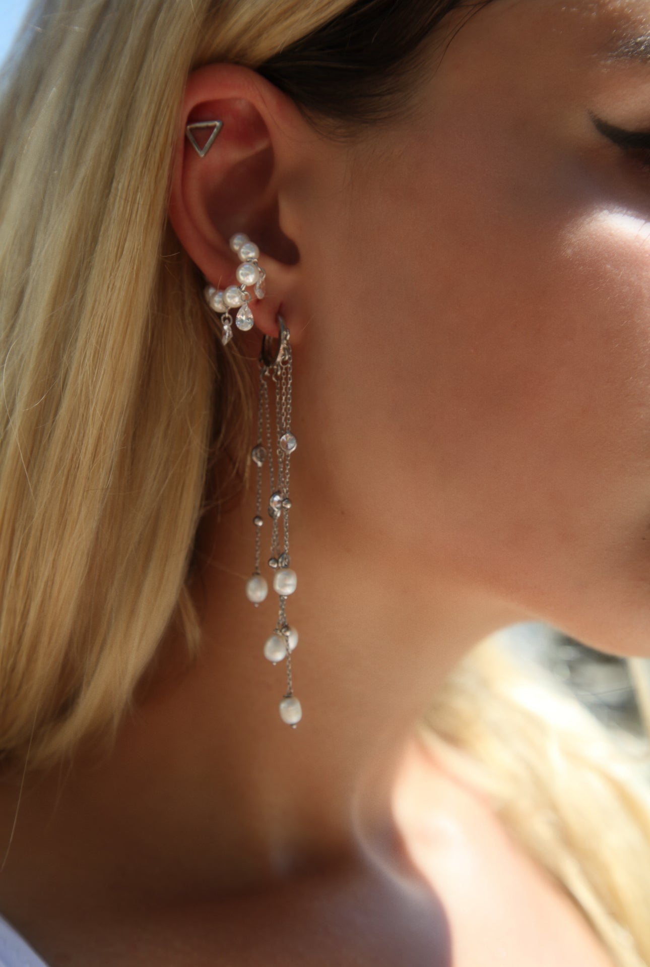 Pearl & stone chain hoop silver earrings - Èthèora