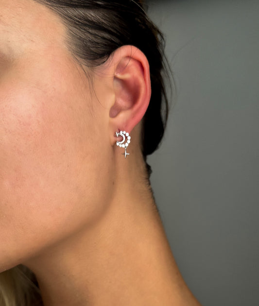 Half moon shiny silver earrings with sparkle stars - Èthèora